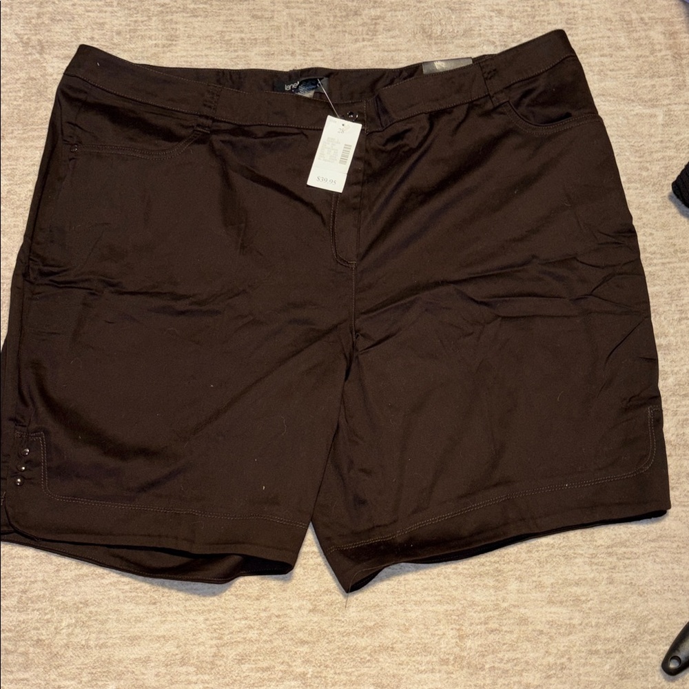 NWT Plus sz 28 Lane Bryant Brown Stretch Shorts snap details Abby- cute